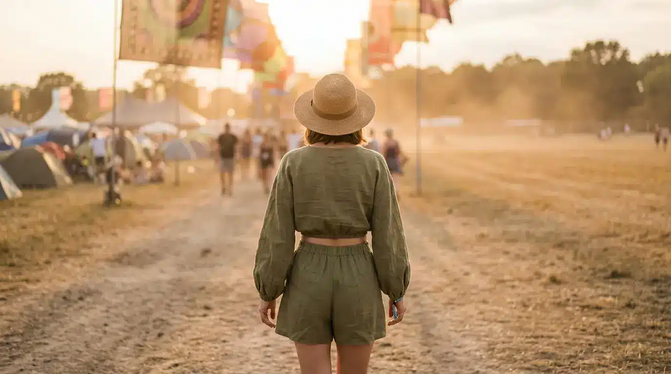 Person in green outfit and straw hat walking at outdoor festival during sunset