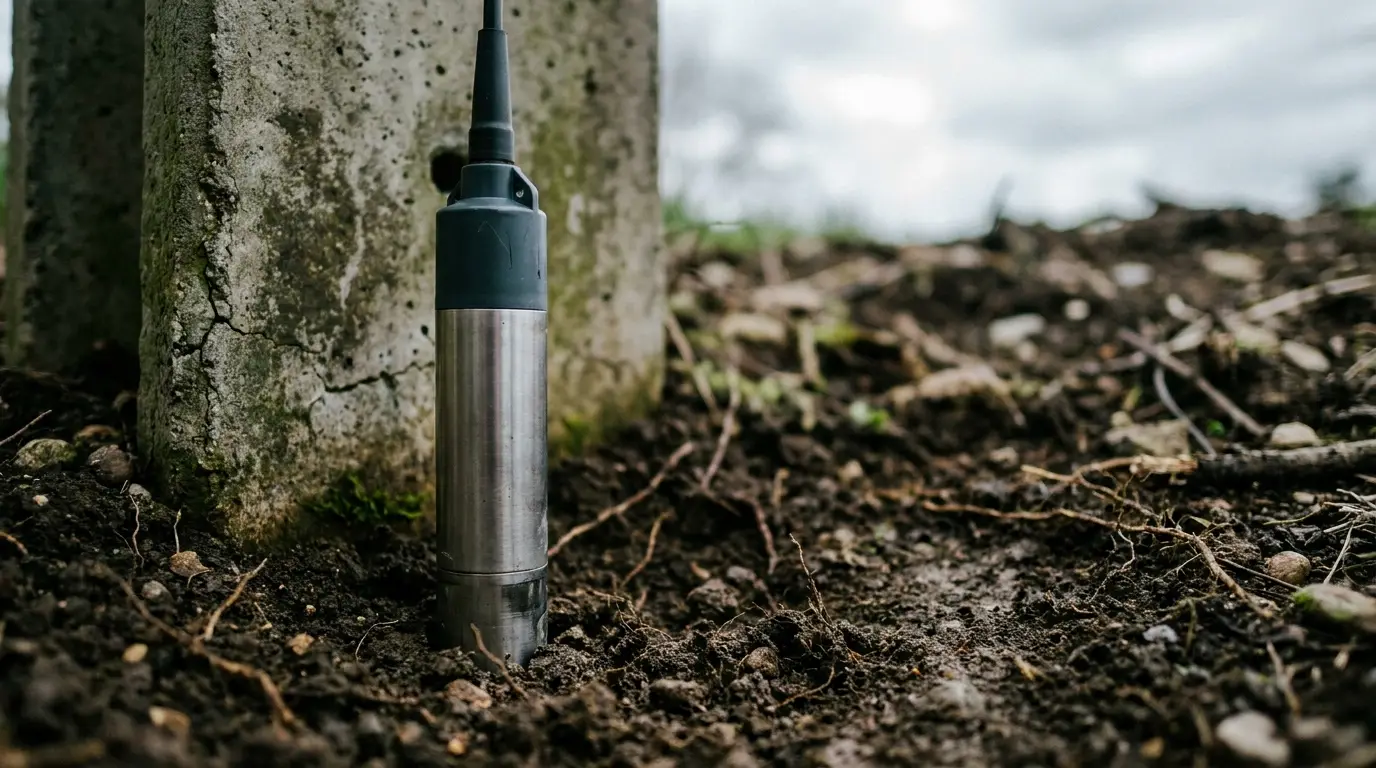 Stainless steel soil sensor partially buried next to concrete post in muddy outdoor setting
