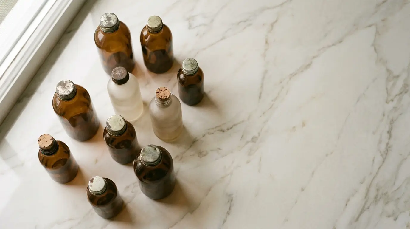 Brown and frosted glass bottles on marble surface in soft natural light