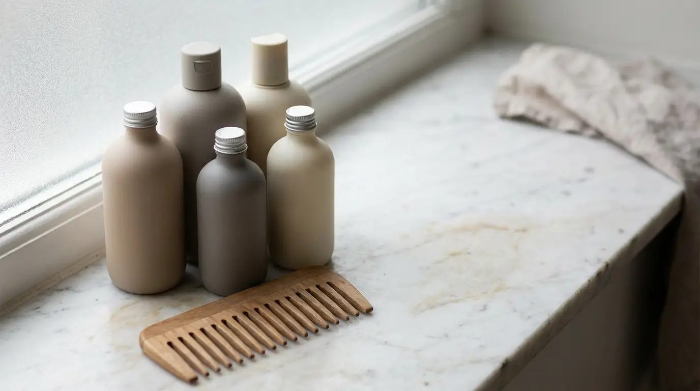 Reusable shampoo bottles and wooden comb on marble bathroom counter in natural light
