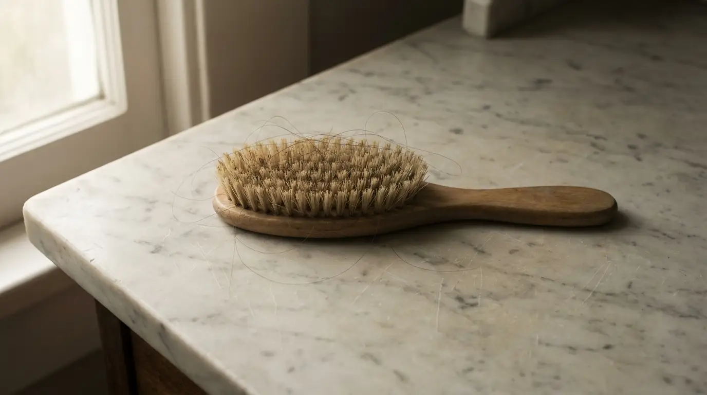 Wooden hairbrush with strands of hair on marble countertop in soft natural light