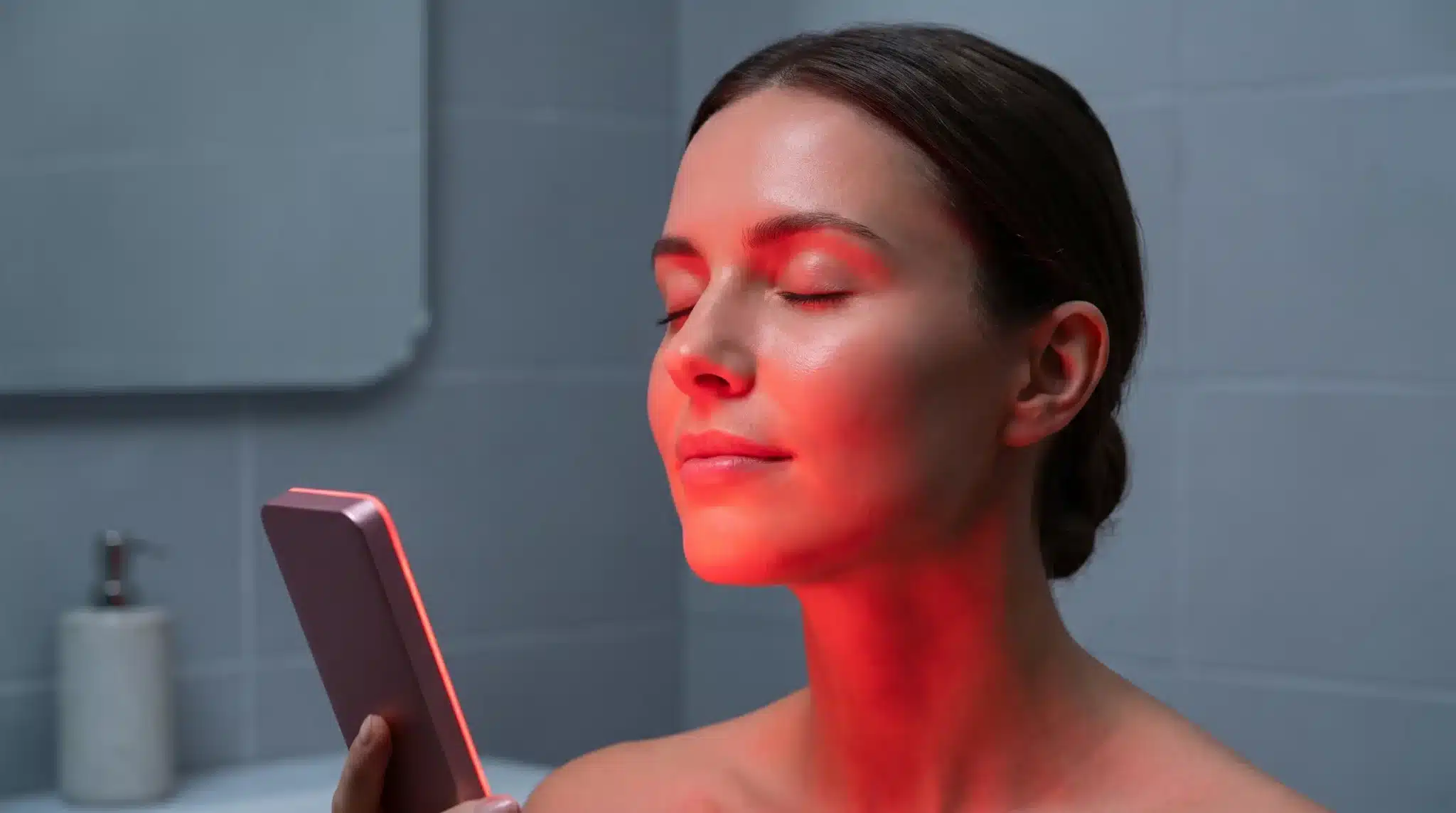 Woman using red light therapy device on face in bathroom setting