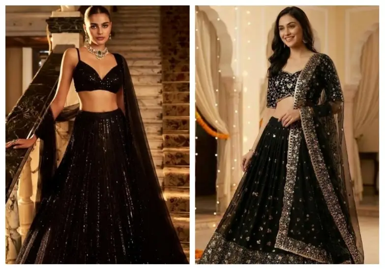 Two women wearing elegant black lehengas with intricate embroidery indoors