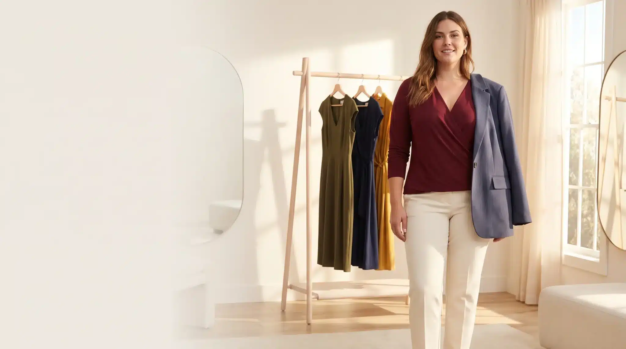 Woman in burgundy top and blazer standing in bright room with dresses on rack