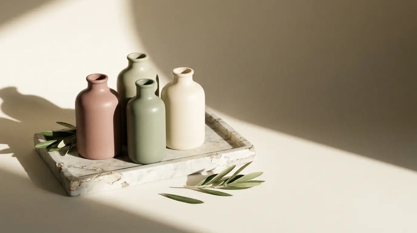 Muted ceramic vases on stone tray with olive branches in soft natural light