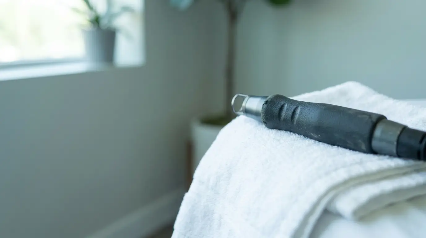 Handheld vacuum tool resting on white towel in bright spa setting
