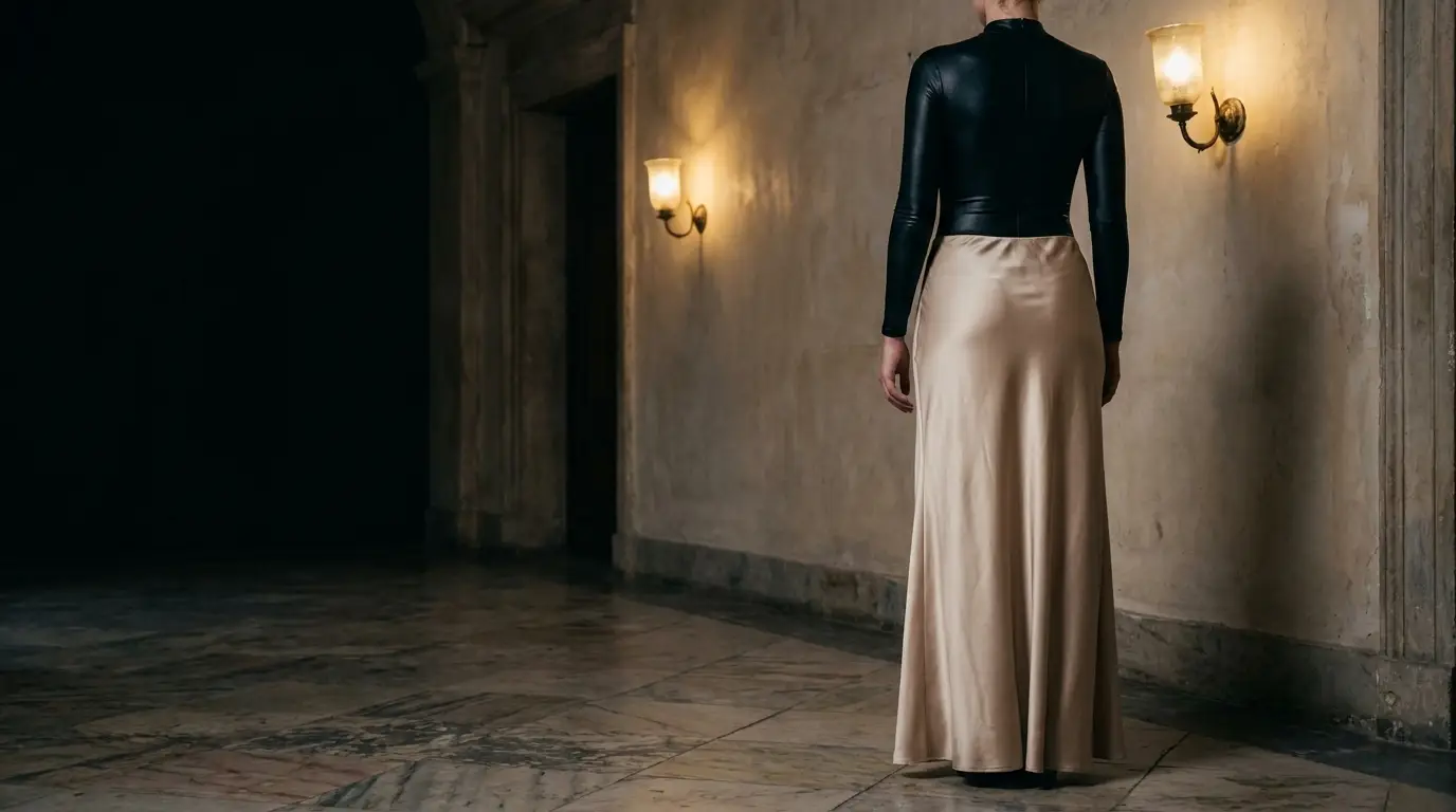 Back view of person in black top and beige skirt in dimly lit corridor