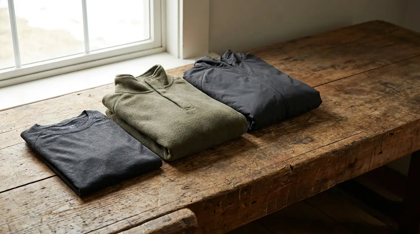 Folded sweaters on rustic wooden table by a bright window