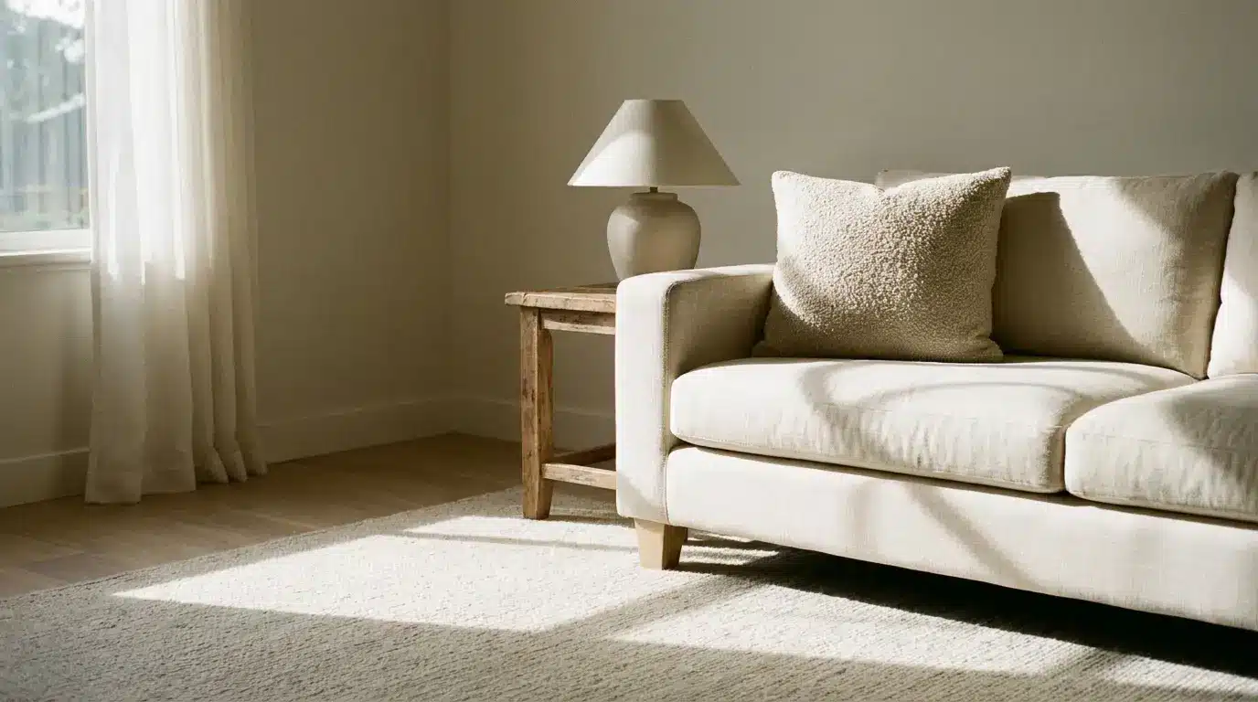 Beige sofa with textured pillow next to wooden side table in sunlit living room