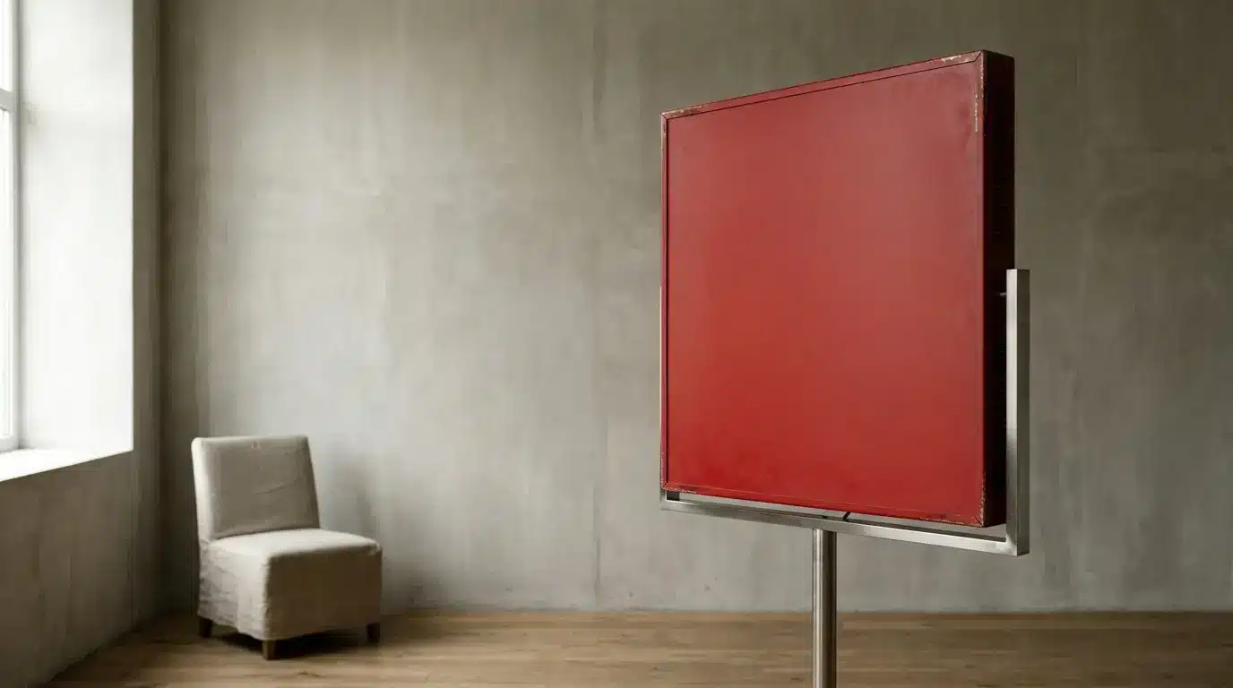 Red square sculpture on metallic stand in minimalist room with neutral walls