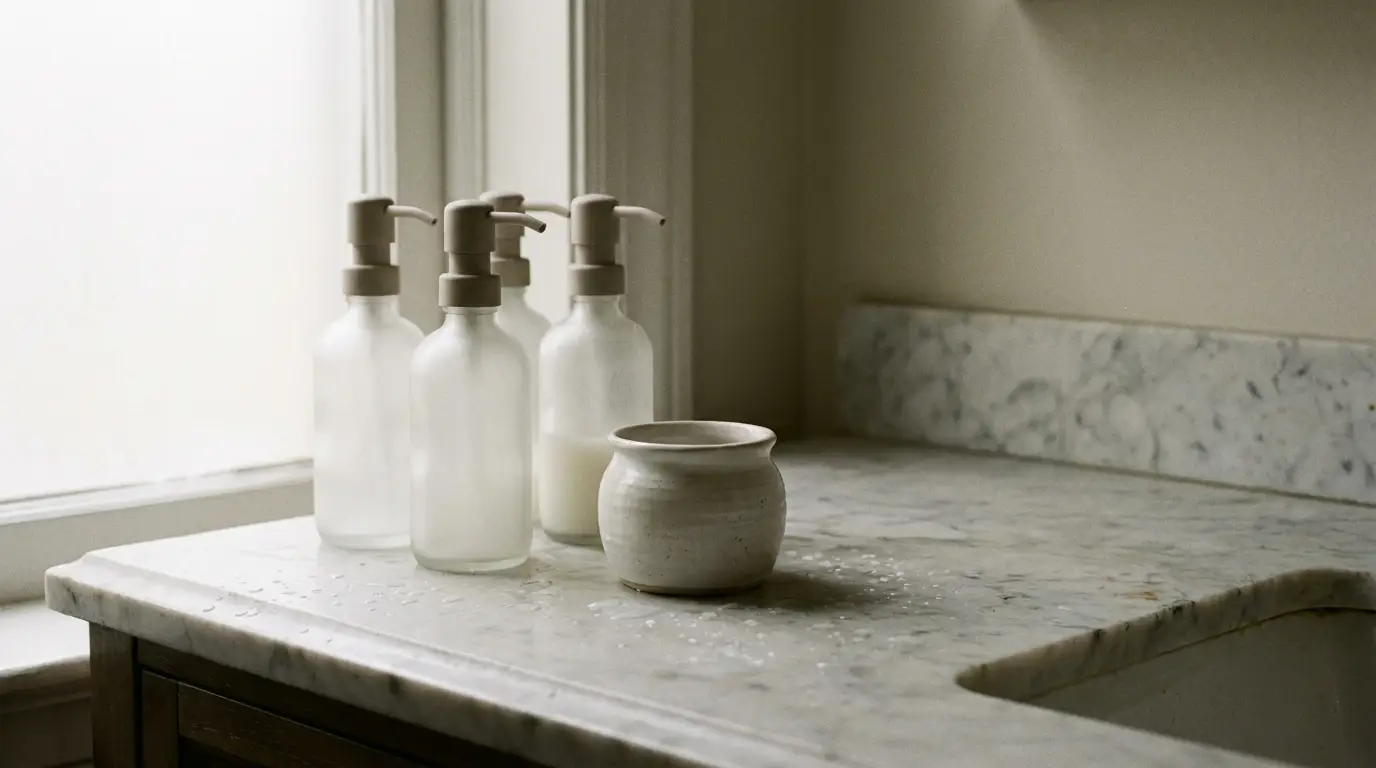 Frosted glass soap dispensers and a ceramic dish on a marble bathroom countertop