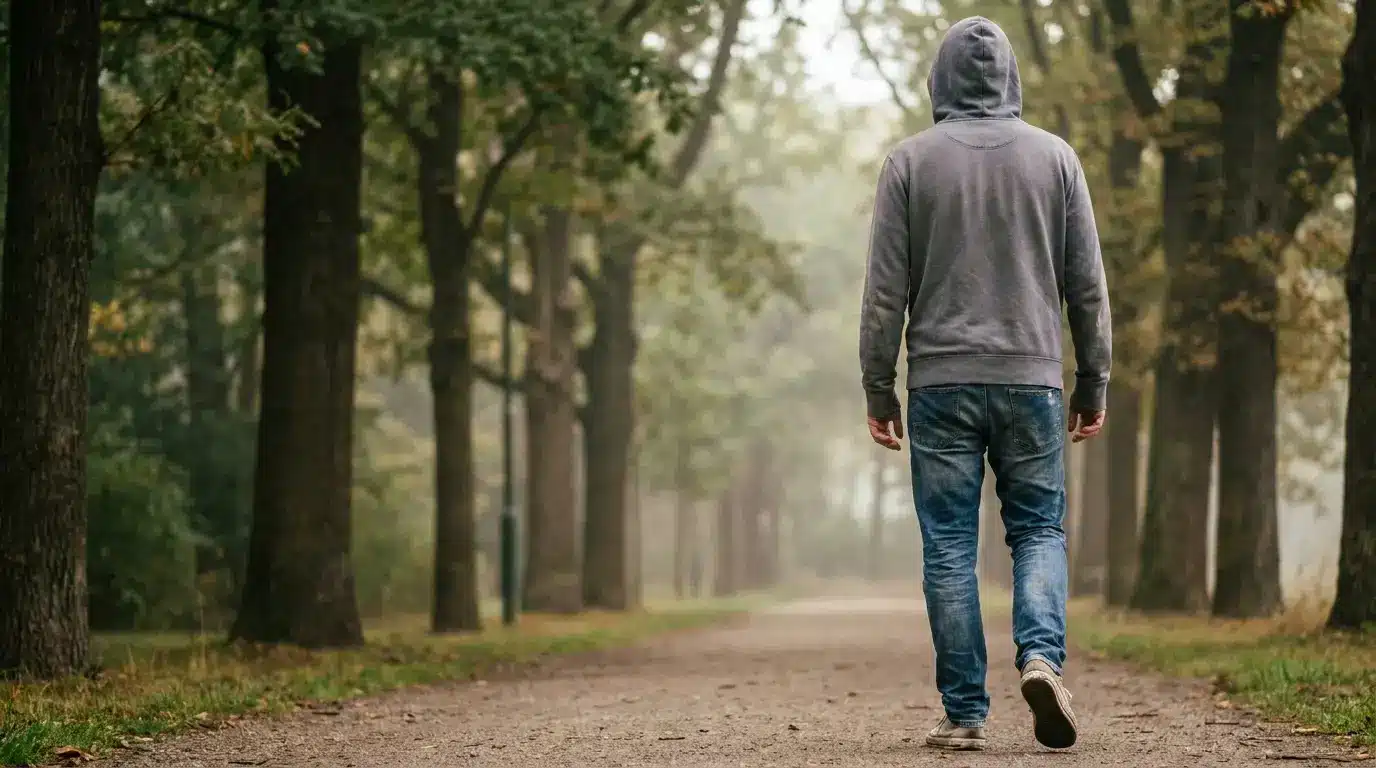 Person walking on a tree-lined path wearing jeans and a grey hoodie in overcast weather
