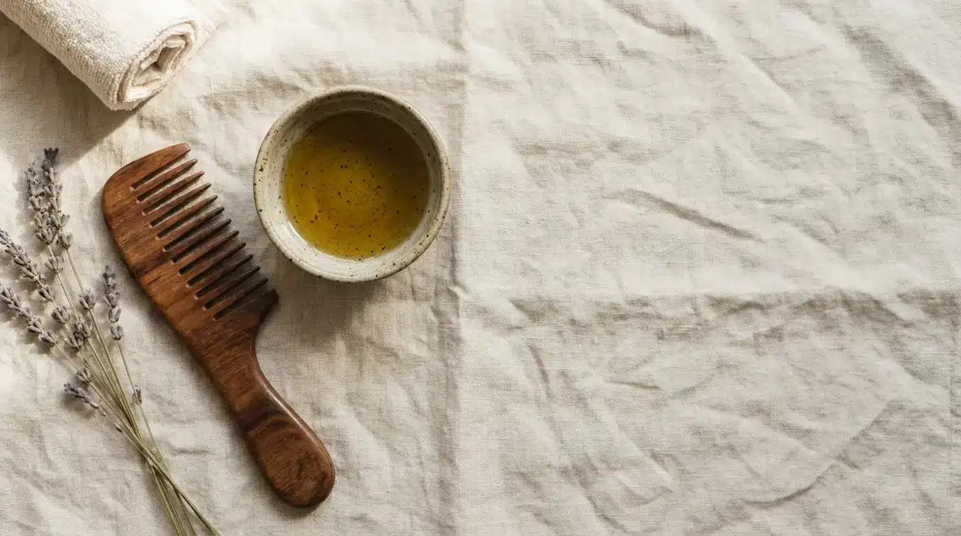 Wooden comb, small bowl of oil, and rolled towel on beige linen with lavender sprigs