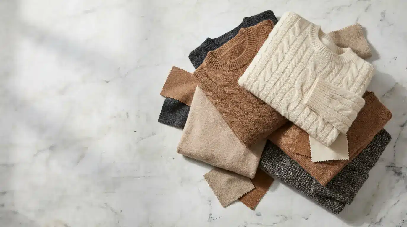 Stack of cozy knit sweaters in neutral tones on a marble surface