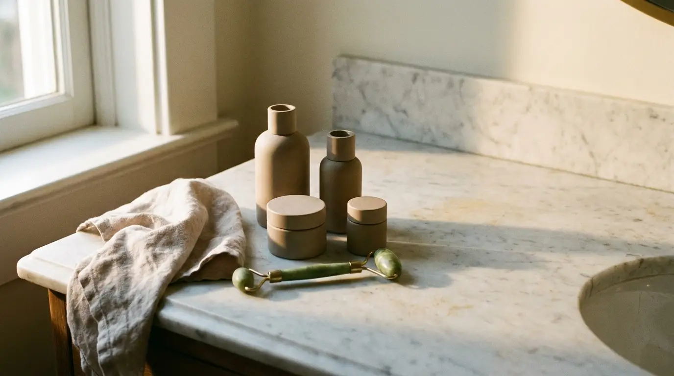Brown cosmetic bottles and jade roller on a marble bathroom counter with natural light