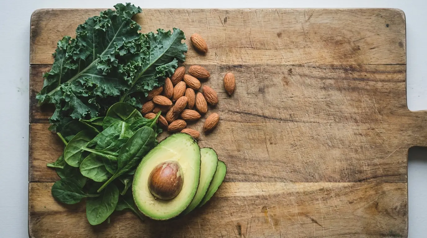 Kale, spinach, almonds, and sliced avocado on rustic wooden cutting board