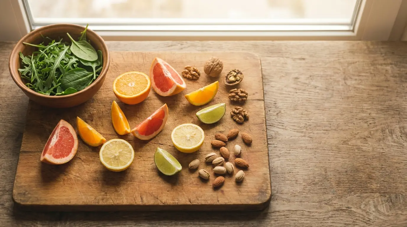 Sliced citrus fruits and mixed nuts on wooden board next to salad bowl in natural light