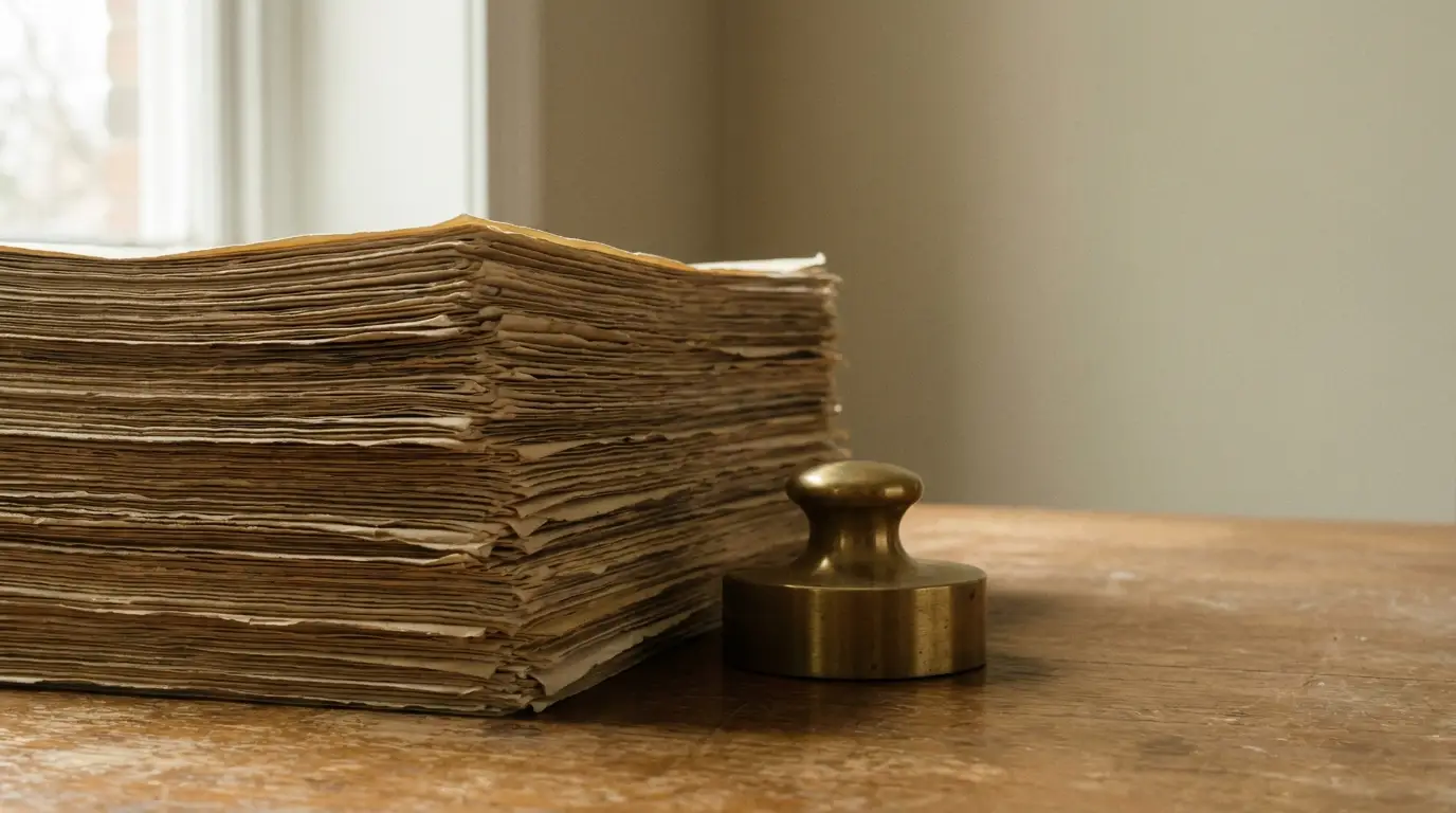 Stack of aged papers with a brass paperweight on wooden table near window