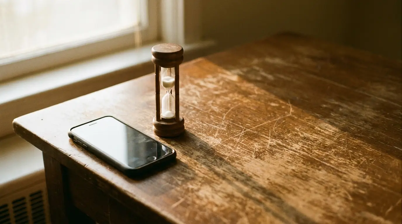 Smartphone and wooden hourglass on scratched wooden table near window with natural light