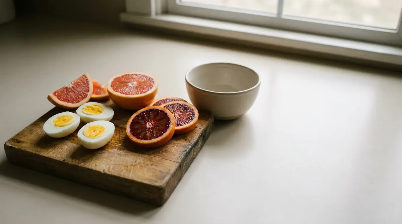 Sliced oranges and hard-boiled eggs on wooden cutting board in bright kitchen setting