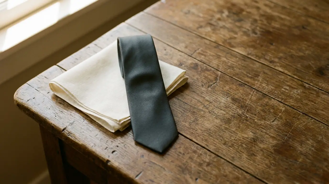 Dark gray necktie and folded handkerchief on rustic wooden table