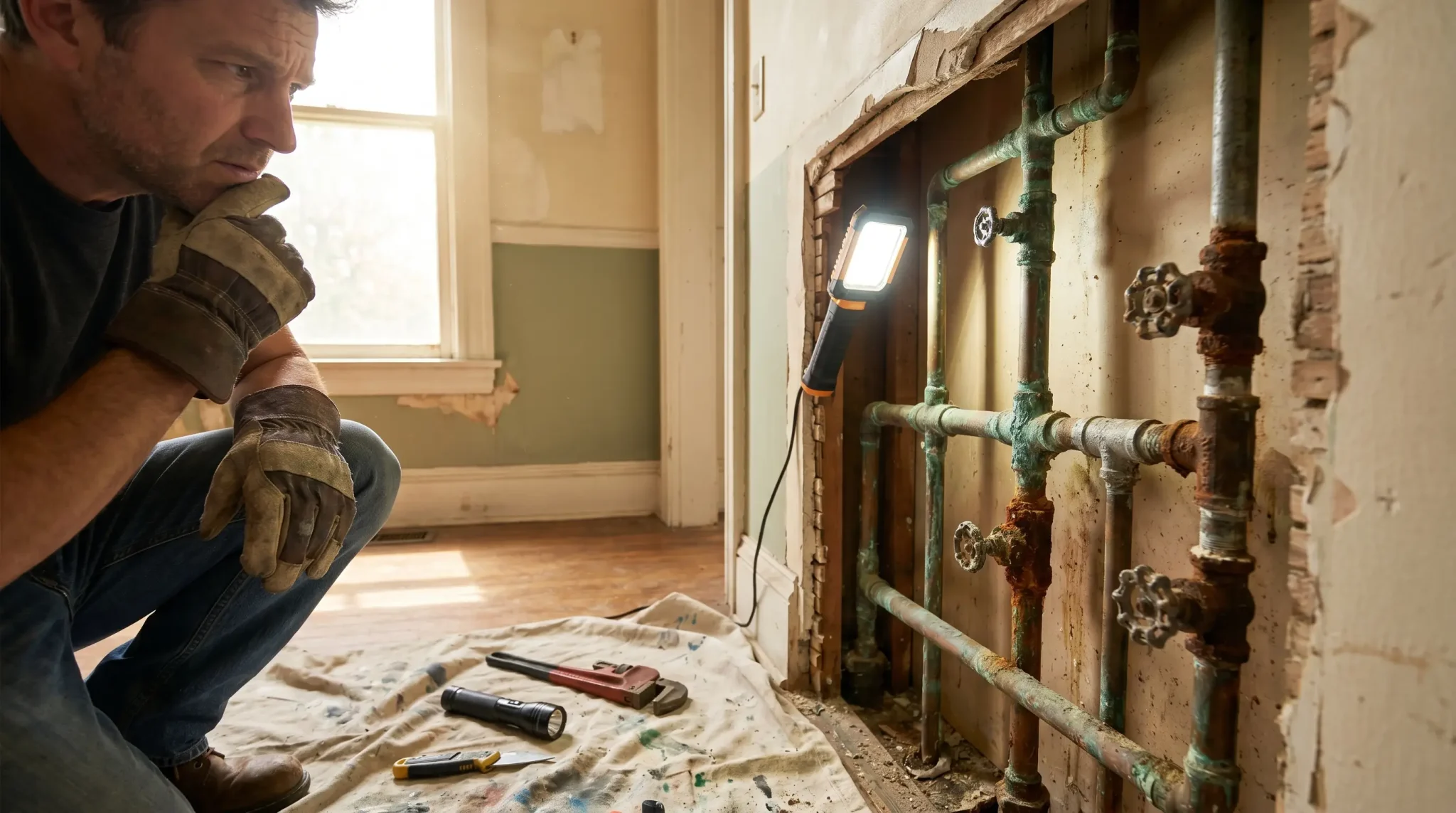 Man inspecting exposed pipes in a partially renovated room with tools on drop cloth