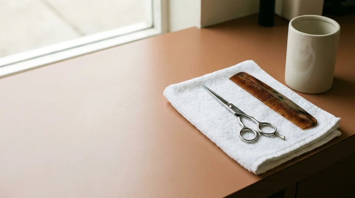 Scissors and comb on white towel beside mug on a countertop near window