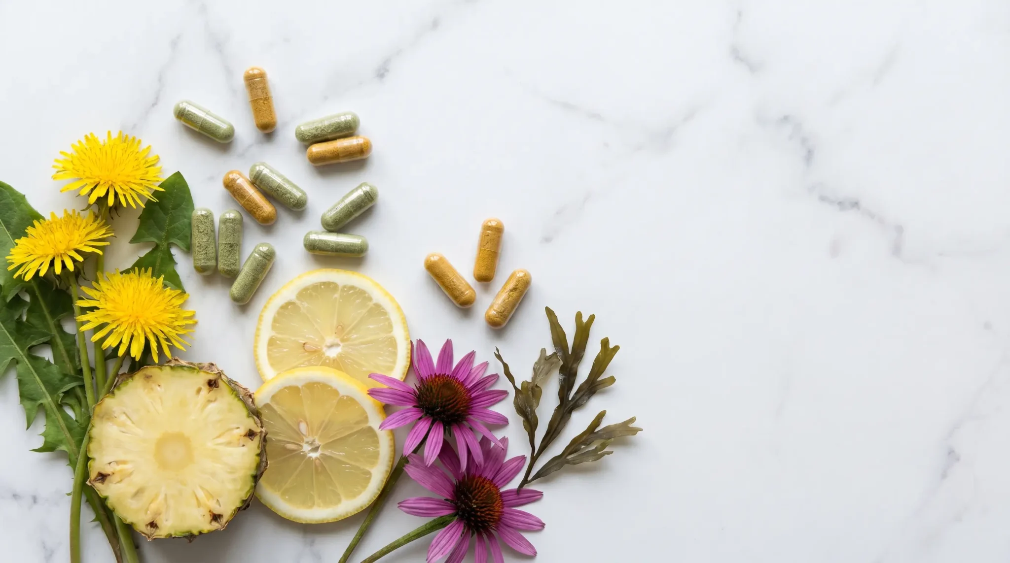 Herbal supplements with pineapple, lemon slices, and flowers on marble surface