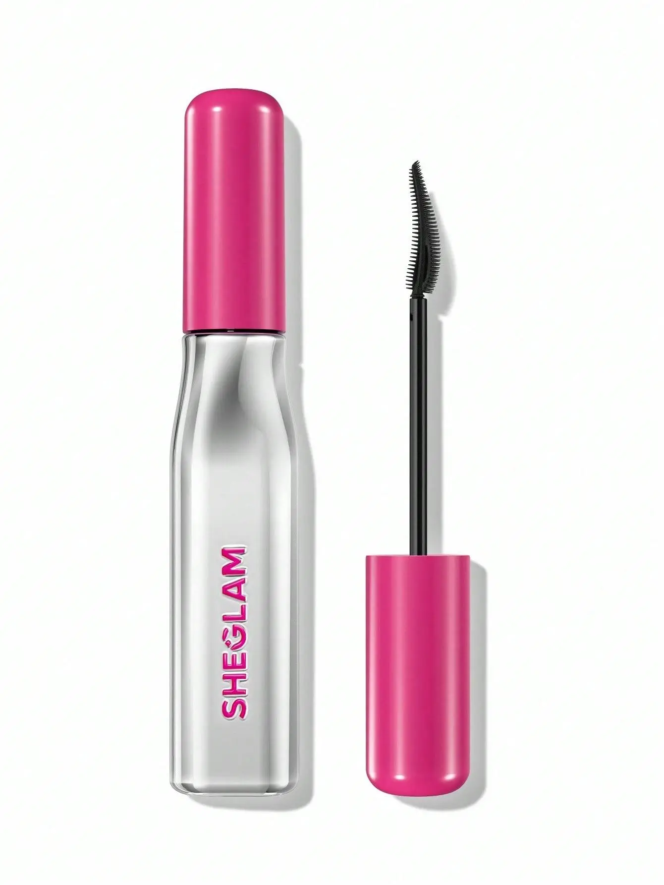 Mascara tube and wand with pink cap on white background