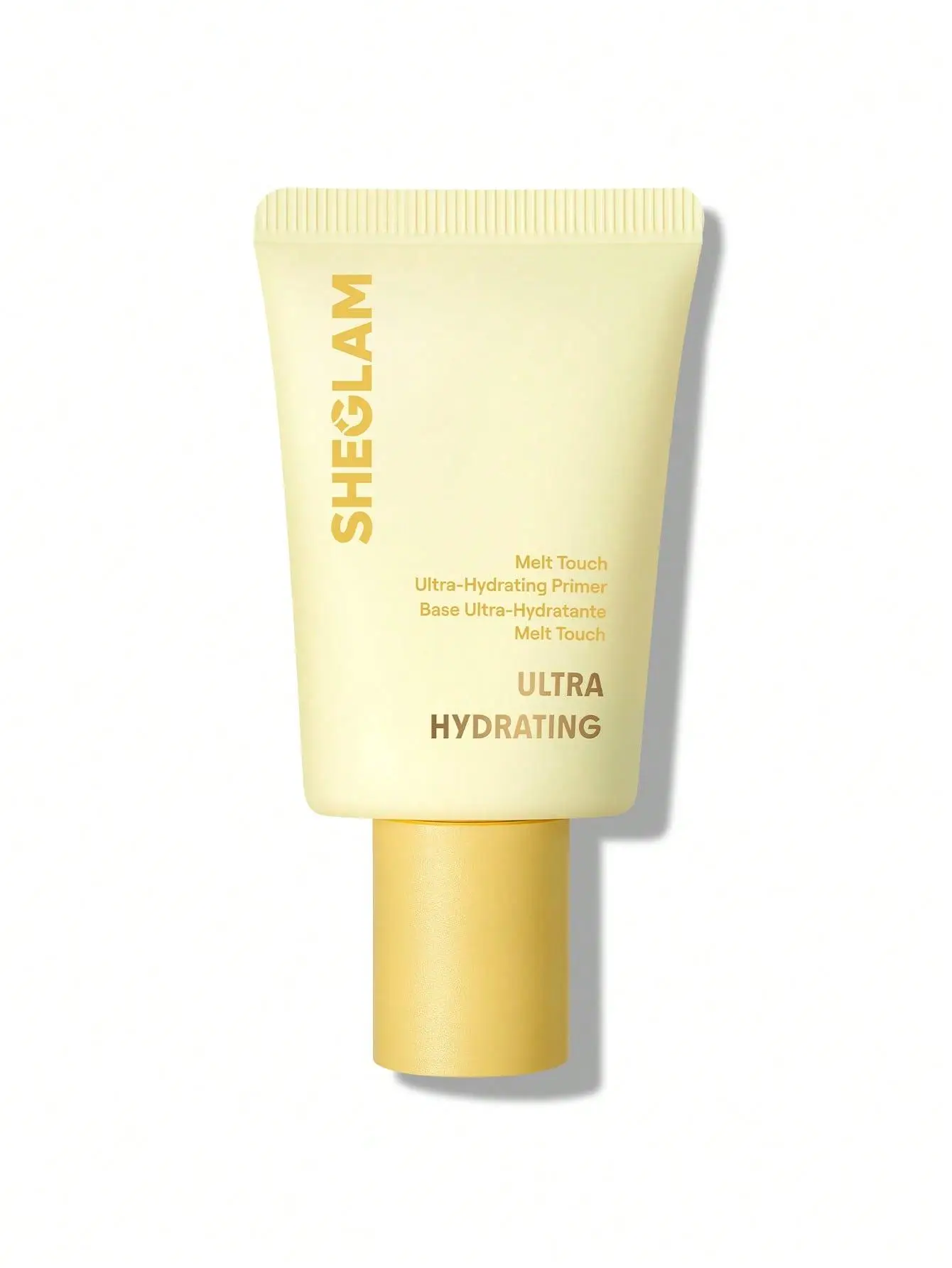 Yellow tube of Sheglam Ultra Hydrating Primer against white background
