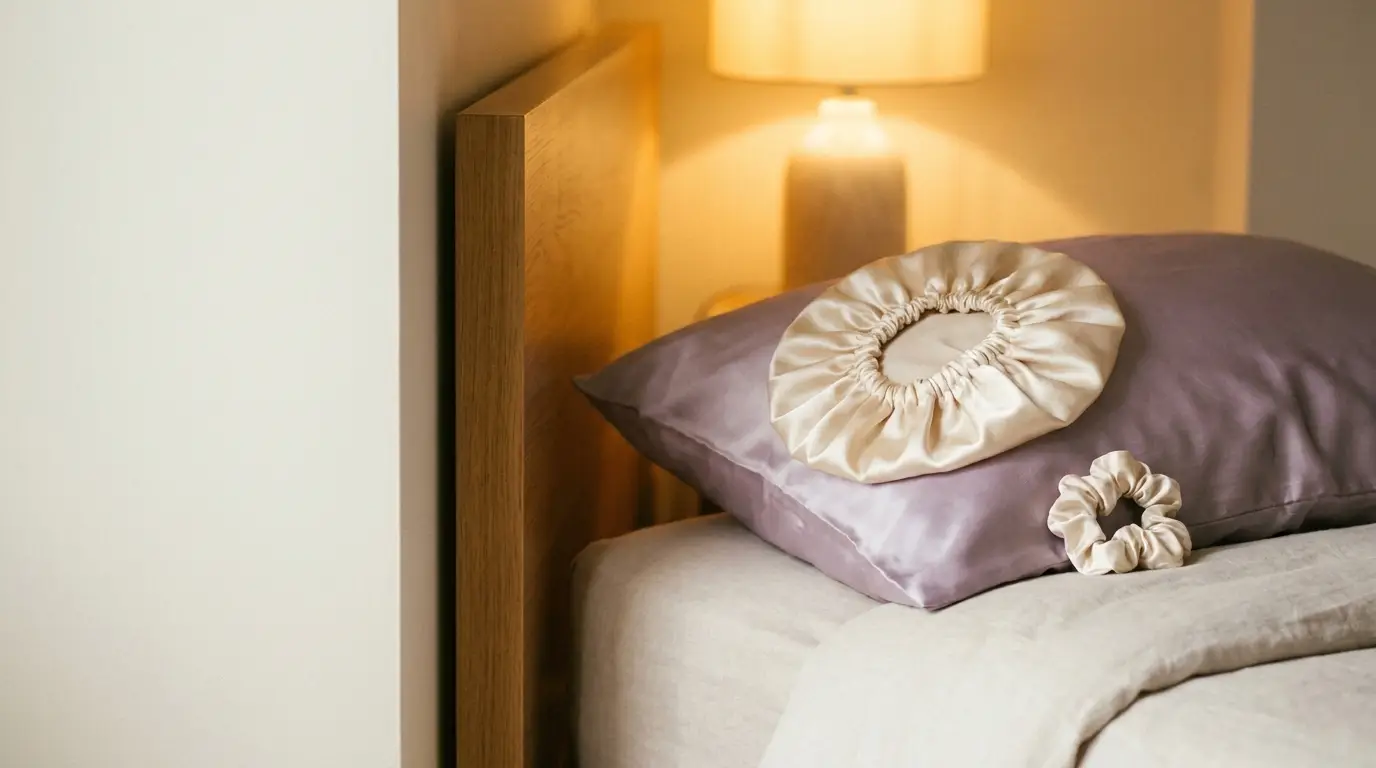 Silk scrunchies and pillow on a neatly made bed with wooden headboard and lamp