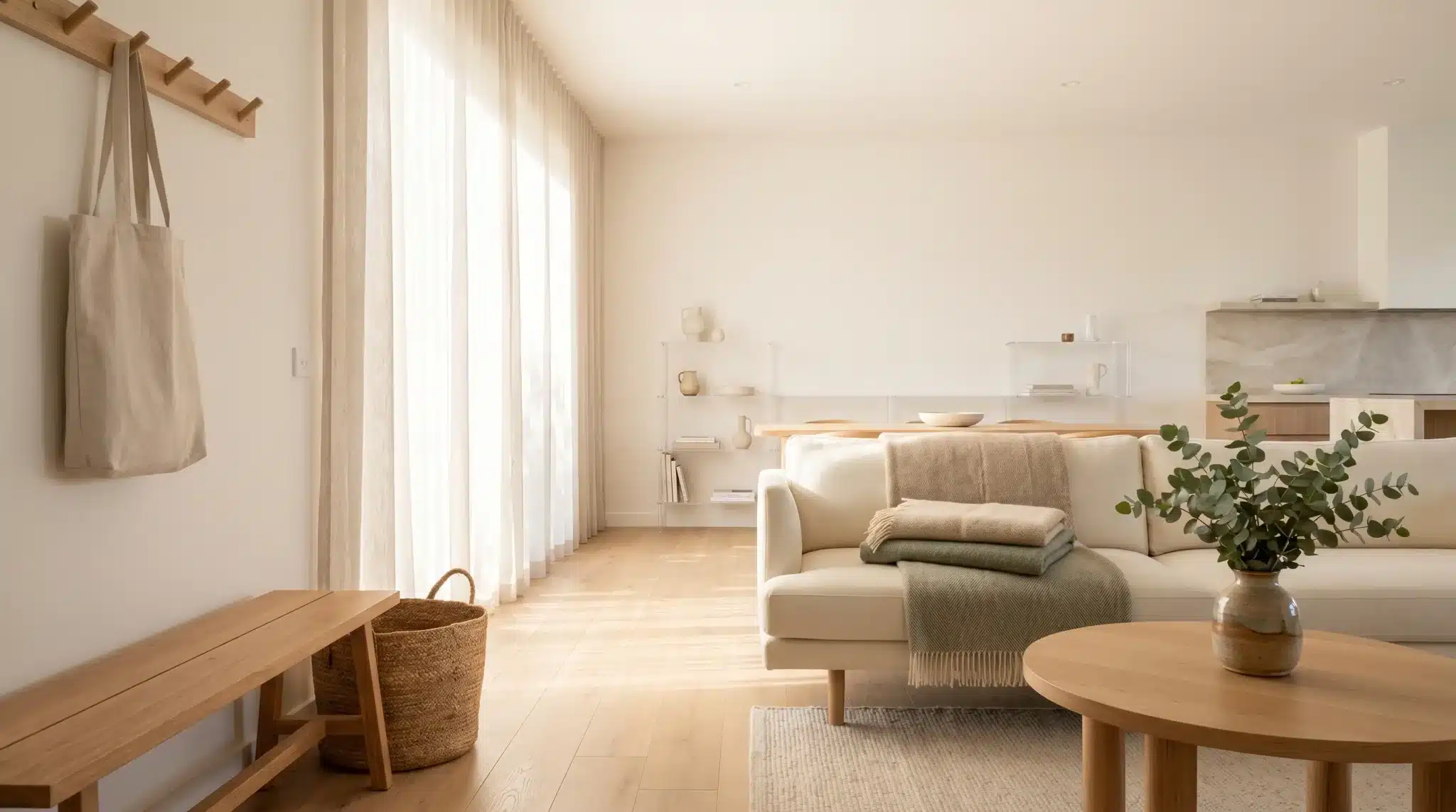 Minimalist living room with cream sofa, wooden furniture, and large window with sheer curtains