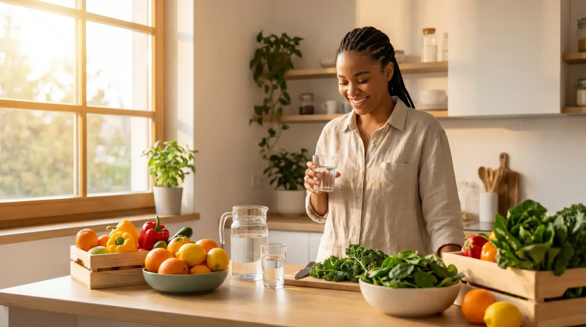 Woman smiling while holding a glass of water in a sunlit kitchen with fresh fruits and vegetables