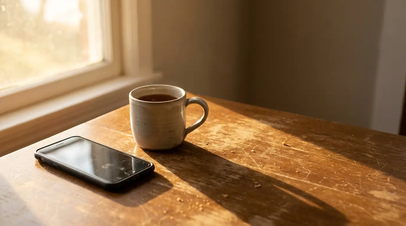 Ceramic mug and smartphone on wooden table in warm morning light near window