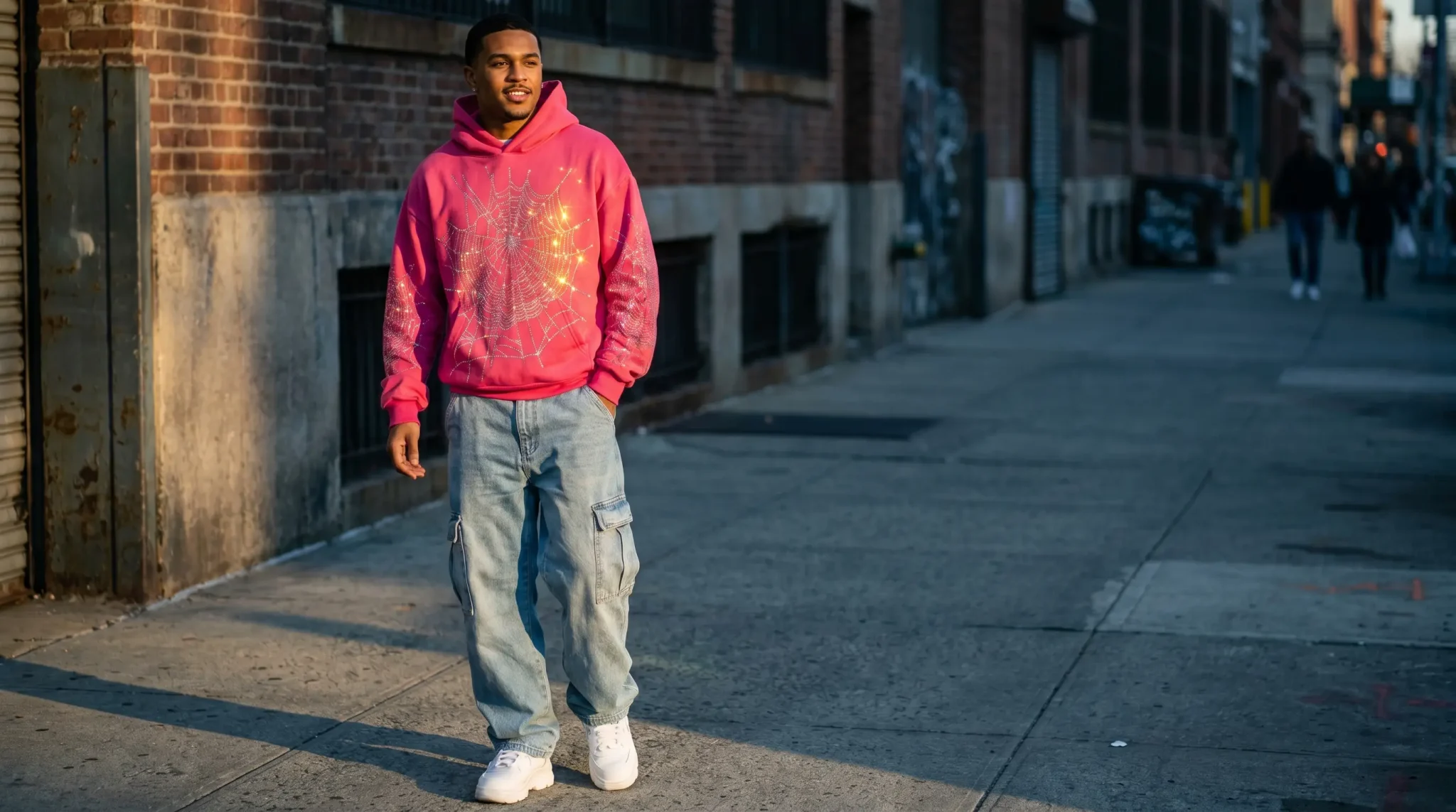 Man in pink hoodie with spiderweb design walking on urban sidewalk in afternoon light