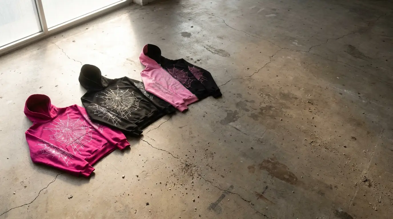 Three hoodies with spider web designs in pink and black on concrete floor in sunlight