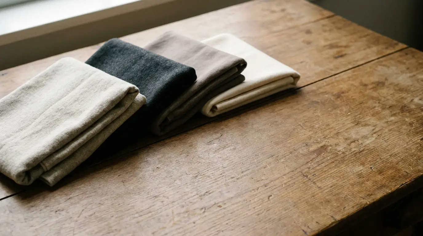 Four folded fabric pieces in neutral tones on rustic wooden table