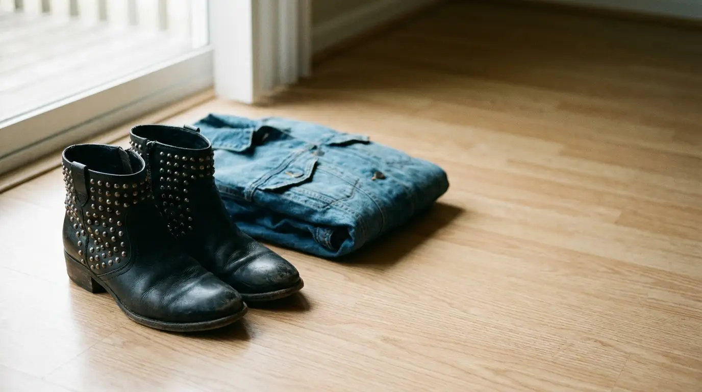 Black studded boots and folded denim shirt on light wood floor near window