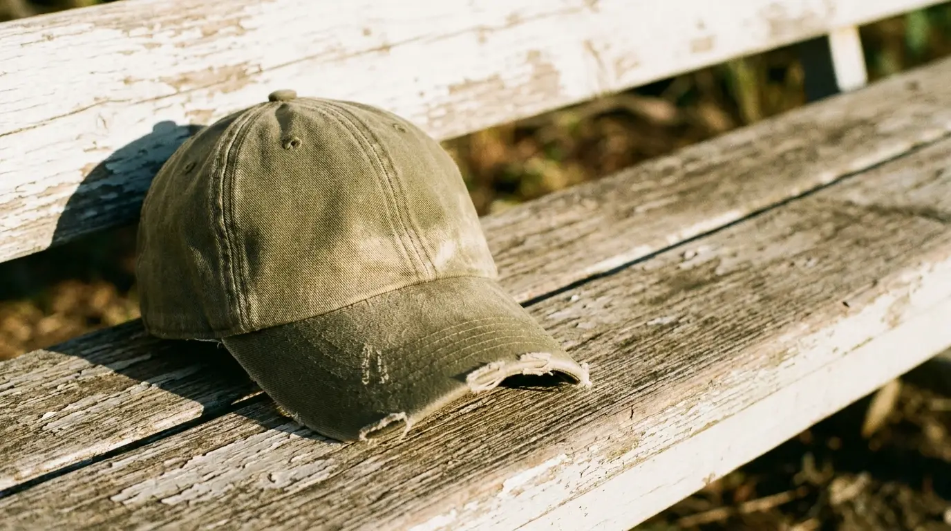 Worn olive green cap resting on weathered wooden bench in sunlight