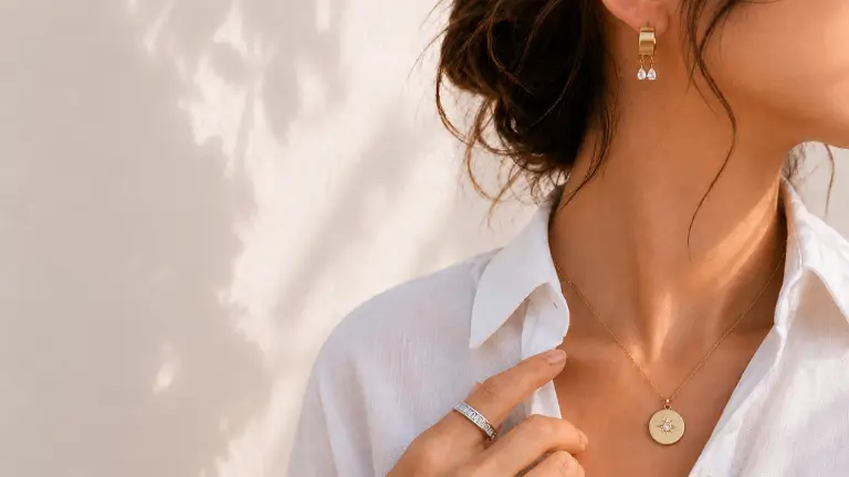 Woman wearing gold necklace and earrings against a light background in natural sunlight