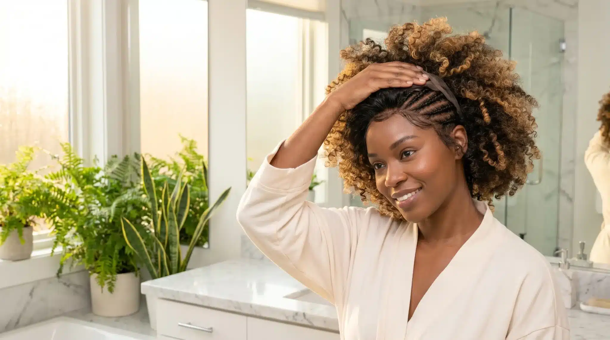 Woman adjusting curly hair in bright bathroom with marble countertop and potted plants