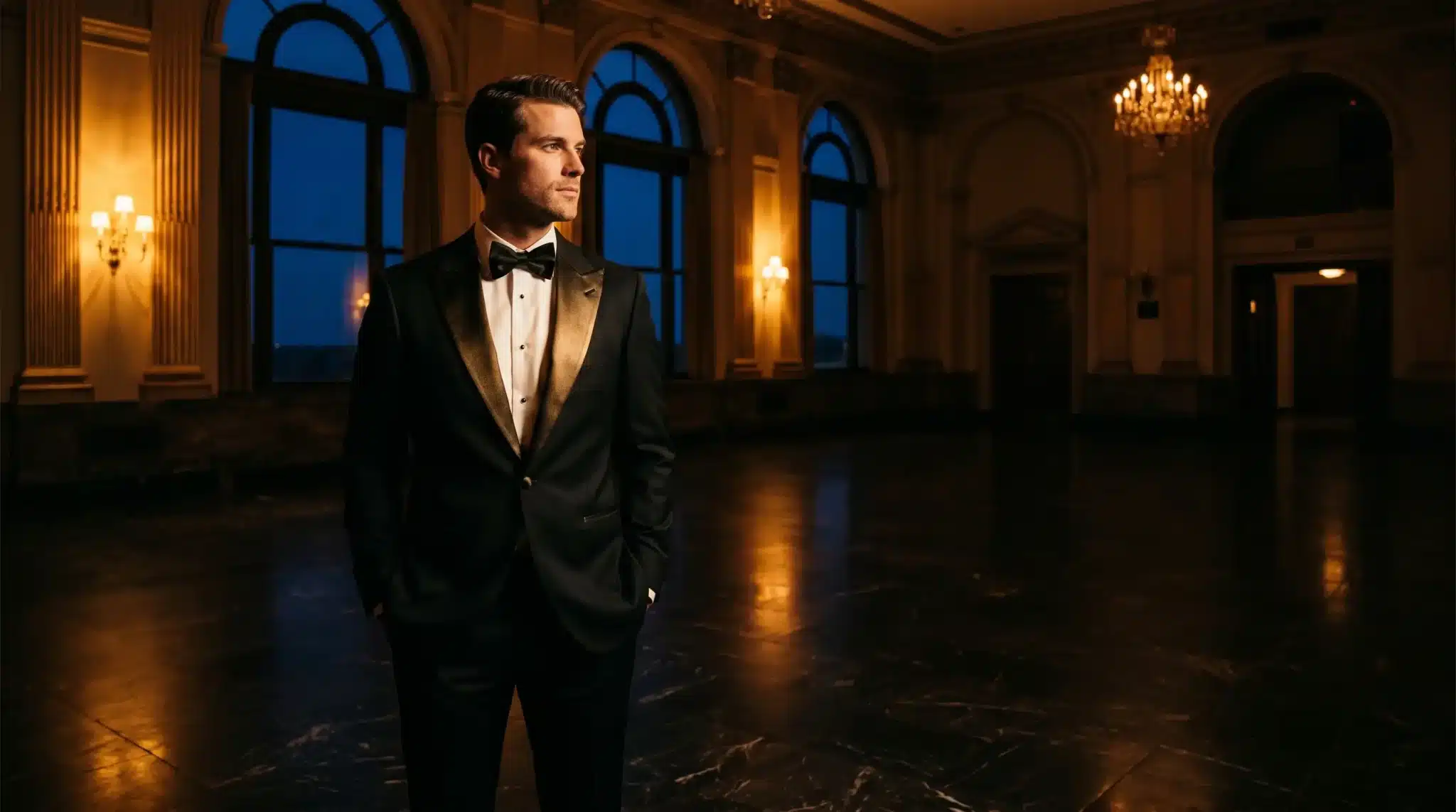 Man in black tuxedo standing in elegant ballroom with chandeliers and arched windows