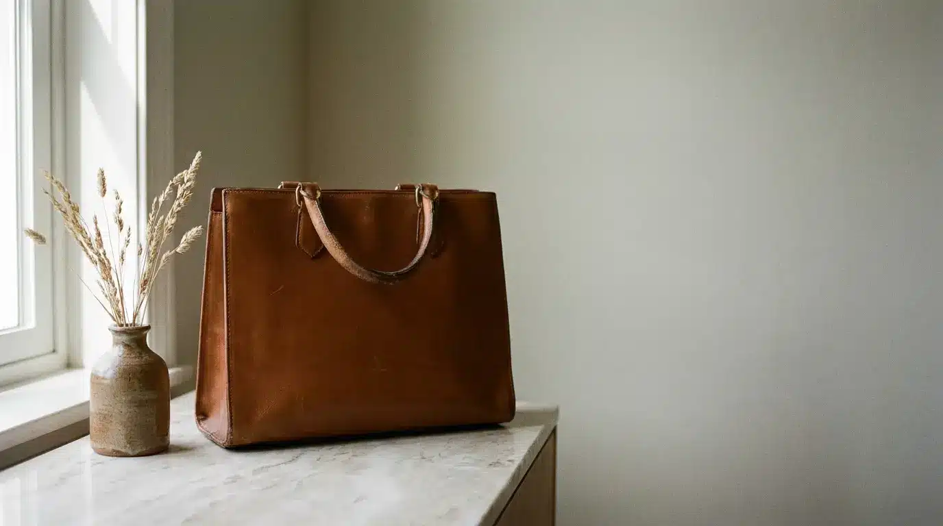 Brown leather tote bag on marble surface beside ceramic vase with dried flowers