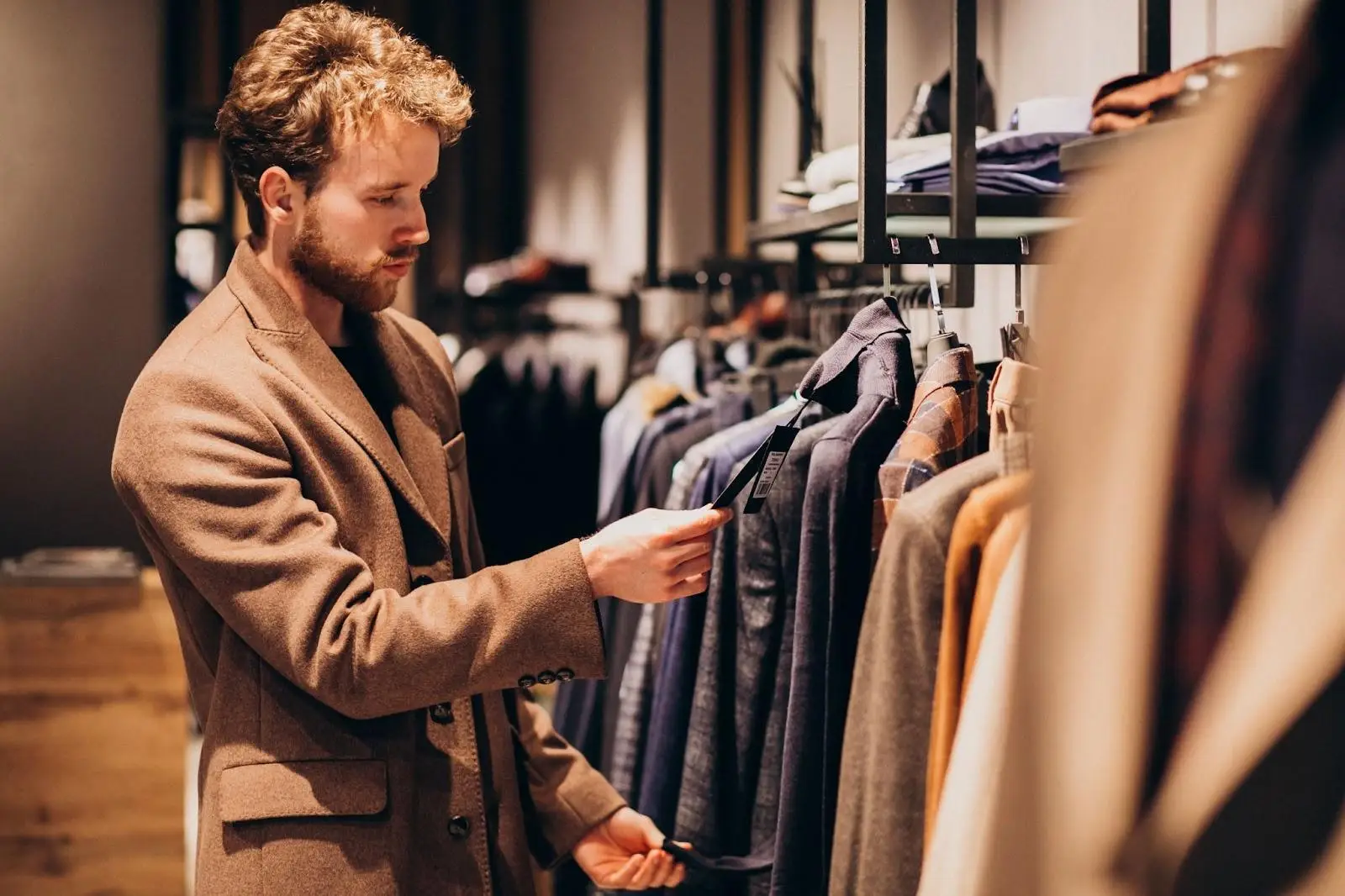 Man in a tan coat browsing clothing rack in a fashion store
