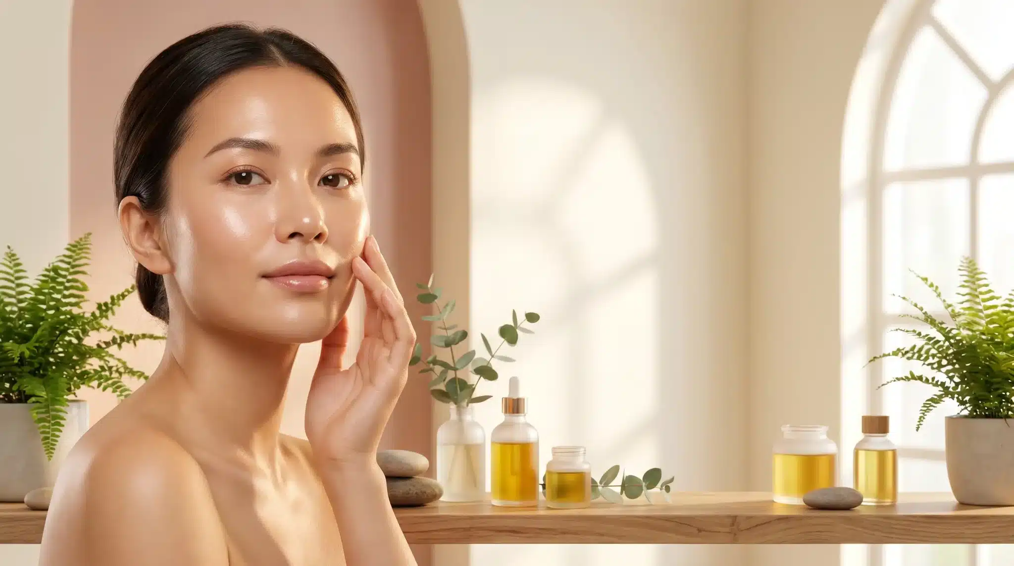 Woman touching face with skincare oils and plants on wooden shelf in bright room