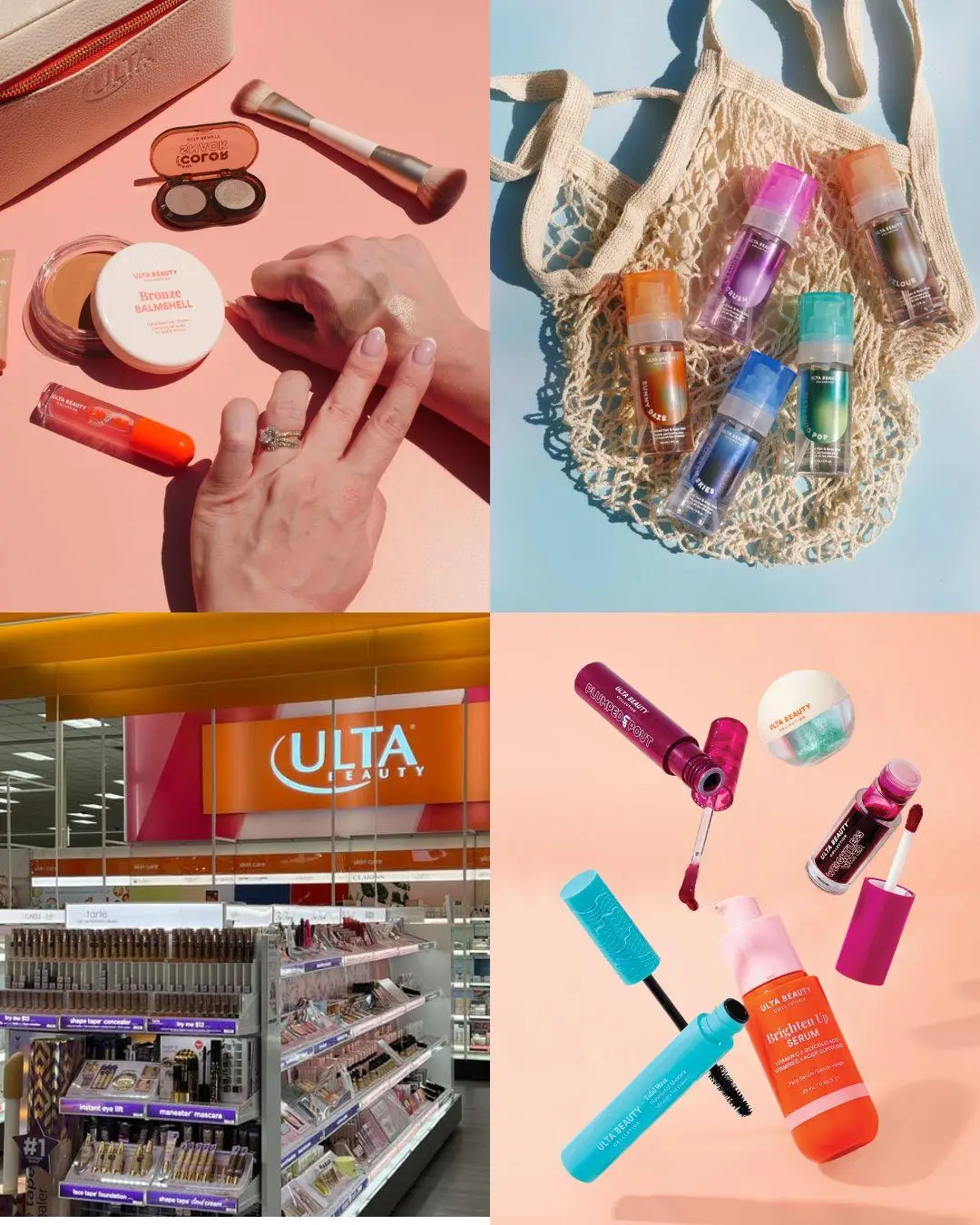 Makeup products and accessories displayed on pastel backgrounds with a cosmetic store interior