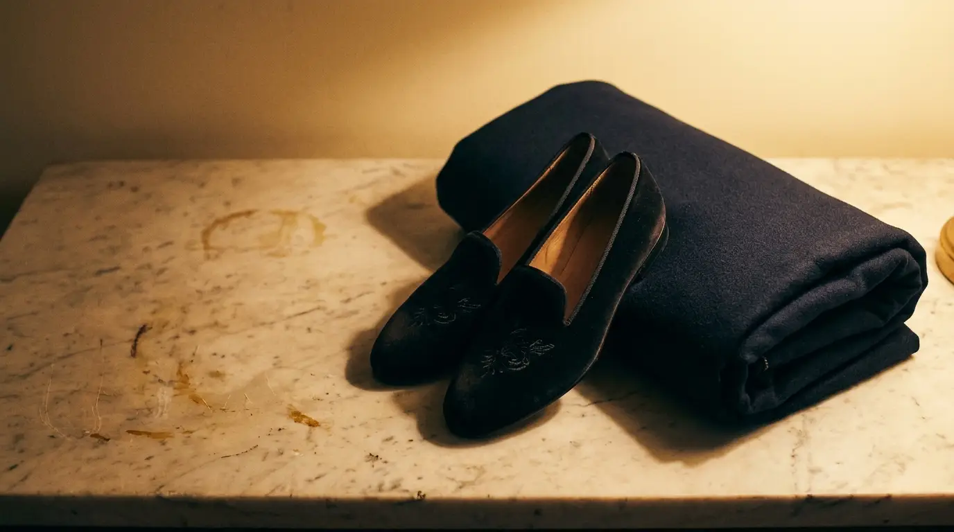 Black velvet loafers and folded navy fabric on a marble surface under warm lighting