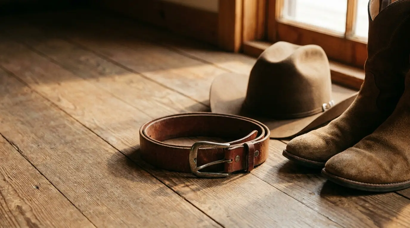 Brown leather belt, cowboy hat, and boots on wooden floor near window in natural light