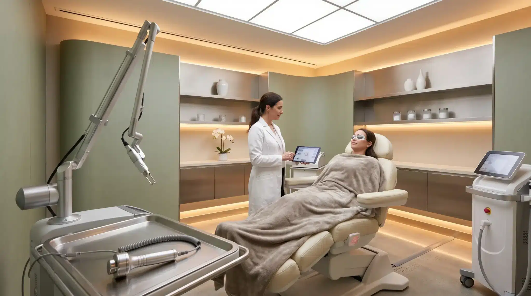 Doctor in white coat preparing patient for laser treatment in modern medical clinic