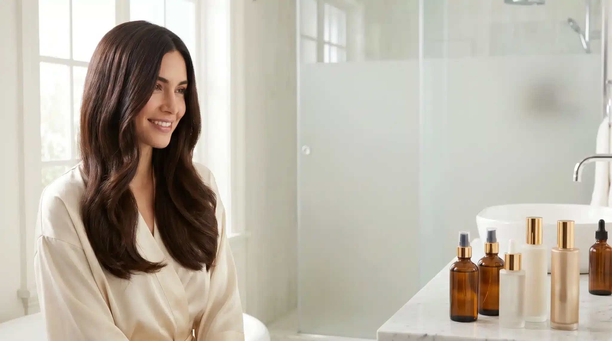 Woman with long hair in bathroom beside skincare bottles on marble counter